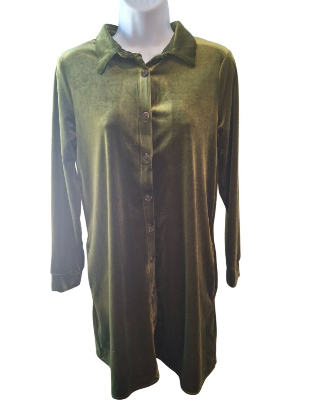 Zire Velvet Shirt Dress Womens Small Army Green Button Front Dark Academia Boho
